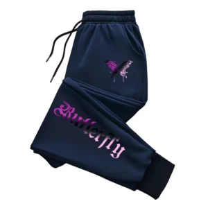 Dresowe spodnie joggery z literowym nadrukiem — streetwear na co dzień Granatowy