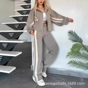 Dresowy komplet Y2K w paski kurtka z zamkiem i spodnie — zestaw damski Szary
