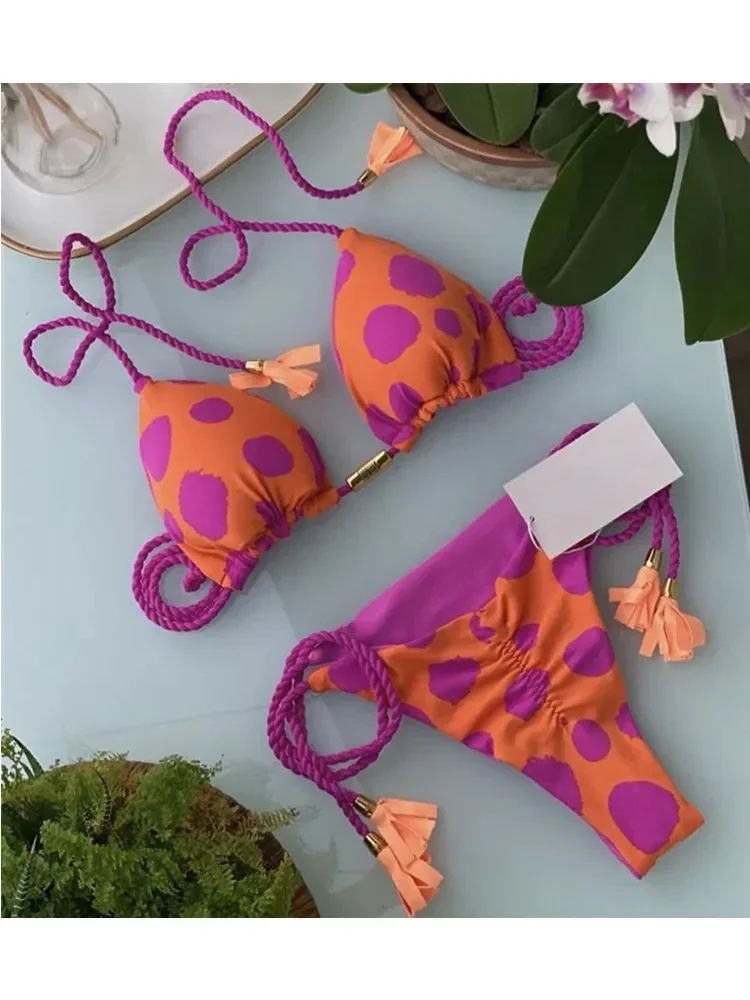 Dwuczęściowe bikini stringi bandażowe jednobarwne Brązowy