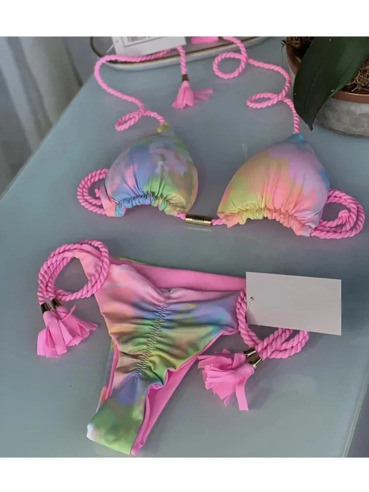Dwuczęściowe bikini stringi bandażowe jednobarwne Złoto