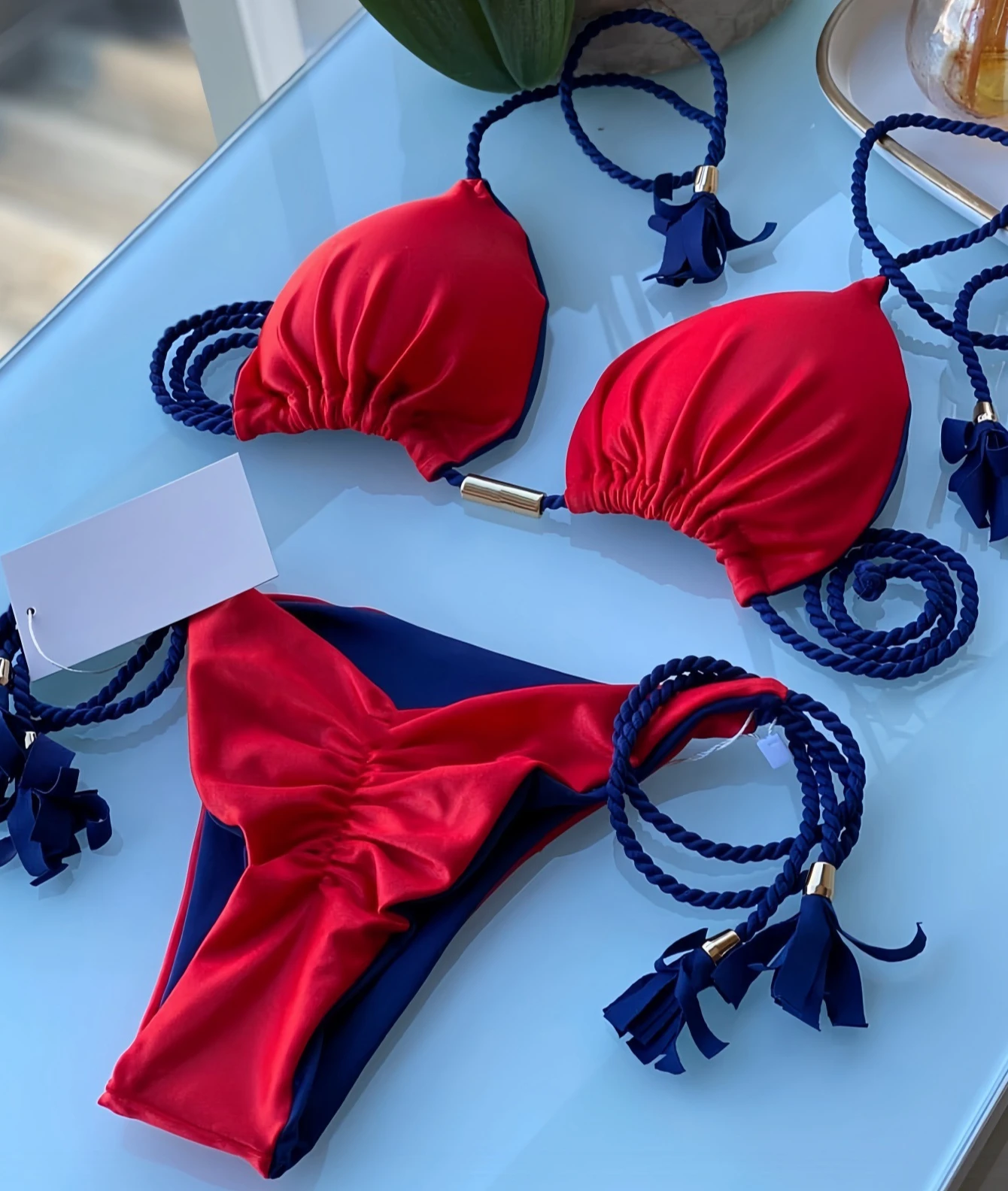 Dwuczęściowe bikini stringi bandażowe jednobarwne żółty