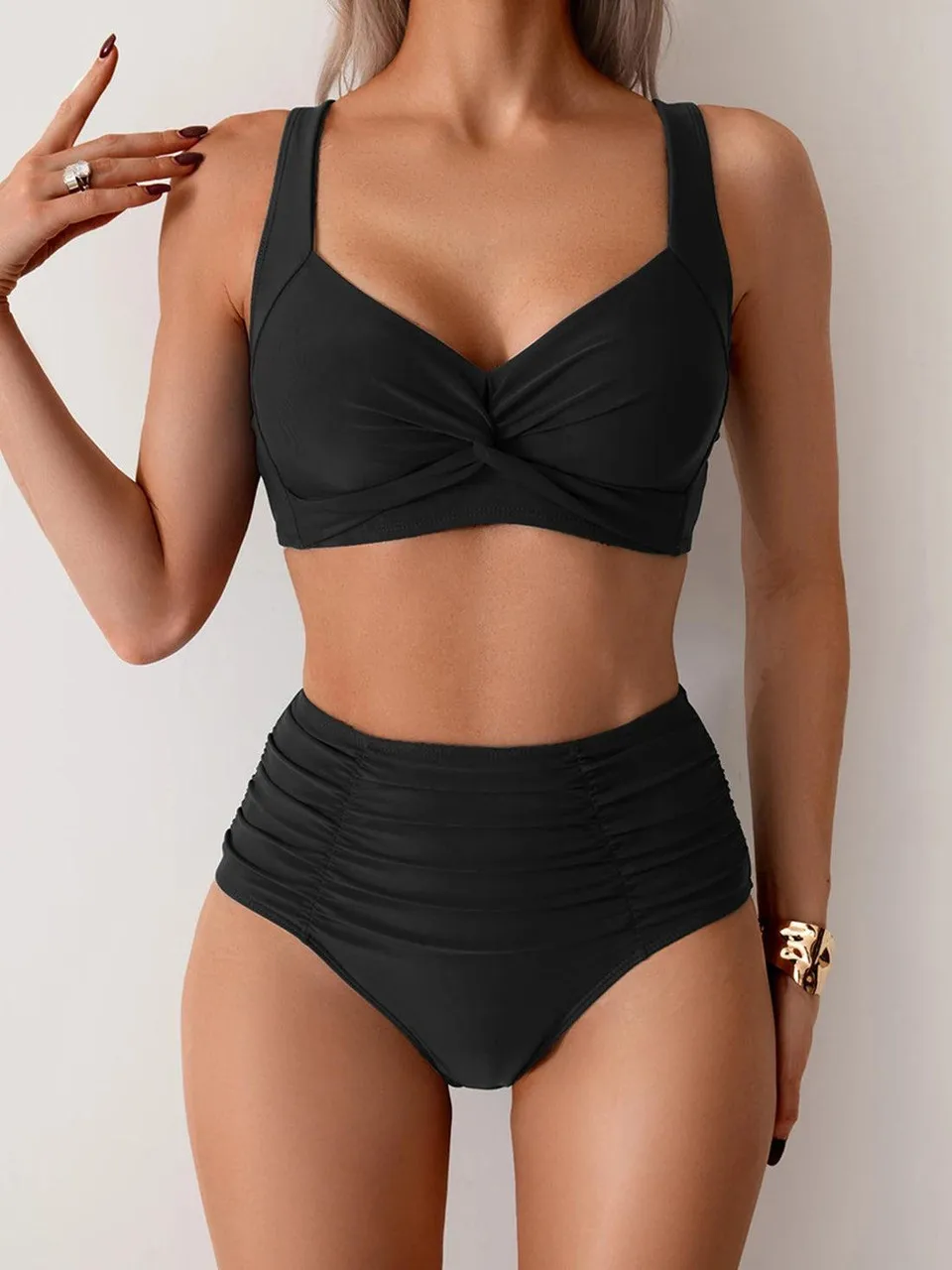 Dwuczęściowe bikini z wysokim stanem w jednolitym kolorze Brązowy