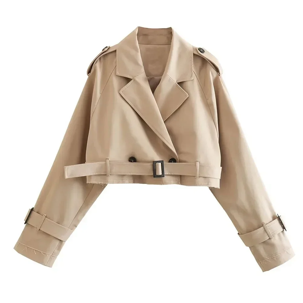 Dwurzędowy trencz damski z paskiem, elegancki vintage Khaki