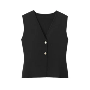 Dzianinowa kamizelka damska crop top na guziki Czarny