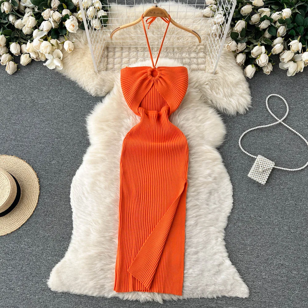 Dzianinowa sukienka bodycon z rozcięciem Pomarańczowy