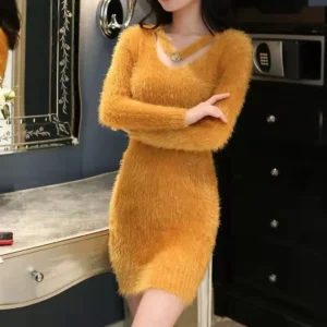 Dzianinowa sukienka mini bodycon w stylu koreańskim Ciemnoszary