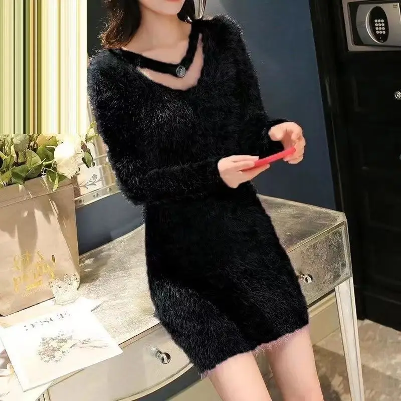 Dzianinowa sukienka mini bodycon w stylu koreańskim Zielony