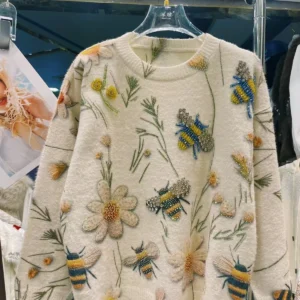 Dzianinowy sweter damski Y2K z diamentowym wzorem casualowy pulower Beżowy