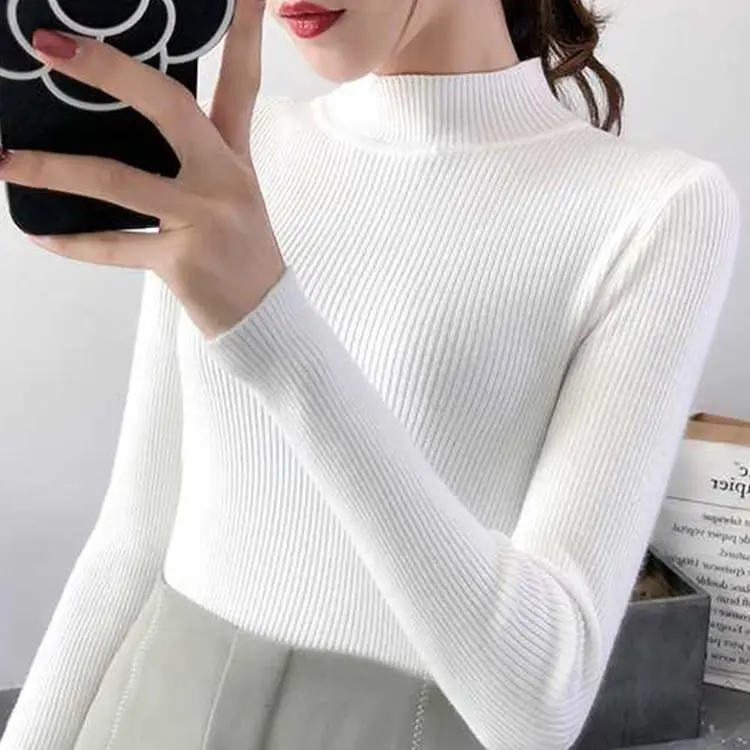 Dzianinowy sweter z dekoltem V w stylu koreańskim, slim fit Biały