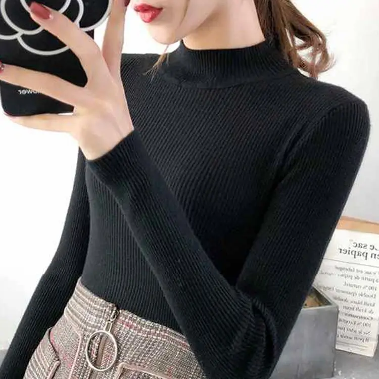 Dzianinowy sweter z dekoltem V w stylu koreańskim, slim fit Czarny