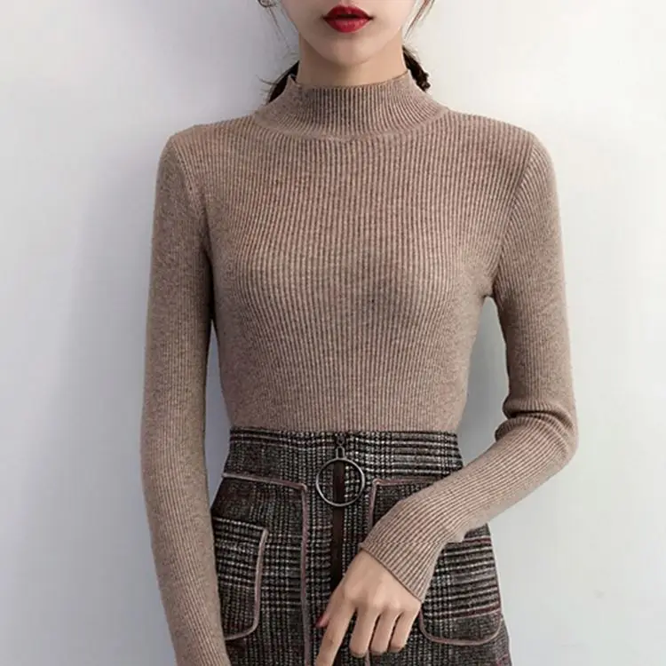 Dzianinowy sweter z dekoltem V w stylu koreańskim, slim fit Khaki