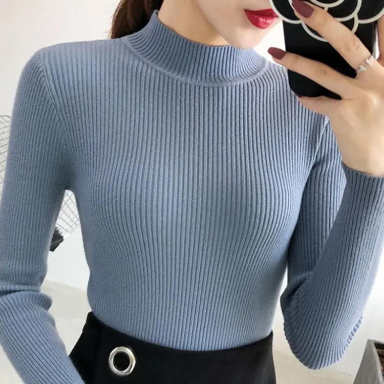 Dzianinowy sweter z dekoltem V w stylu koreańskim, slim fit Niebieski