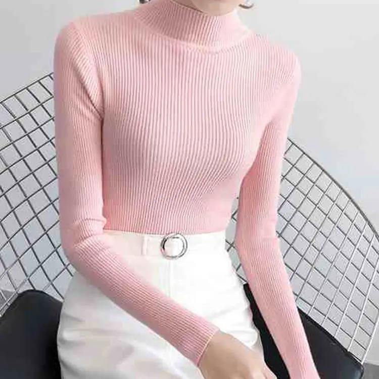 Dzianinowy sweter z dekoltem V w stylu koreańskim, slim fit Różowy