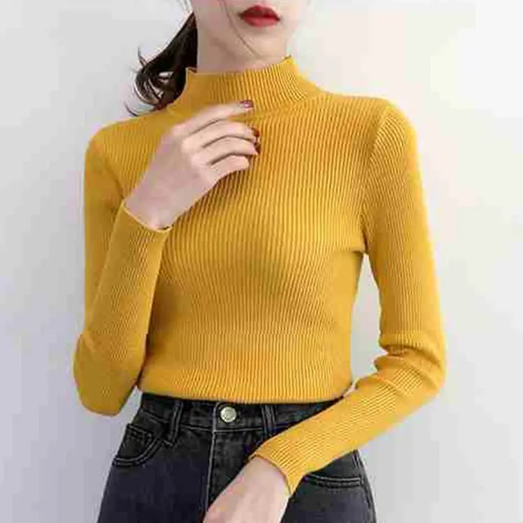 Dzianinowy sweter z dekoltem V w stylu koreańskim, slim fit żółty