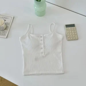 Dzianinowy top na ramiączkach tube — slim, streetwear, przyciski Beżowy