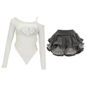 Dzianinowy zestaw crop top i mini spódniczka Y2K kawaii styl japoński Czarny