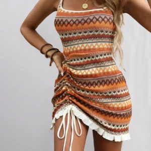 Dziergana mini sukienka plażowa w paski boho Pomarańczowy