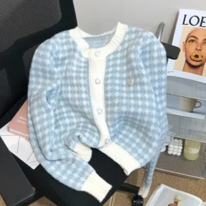 Dziergany kardigan oversize w koreańskim stylu Niebieski