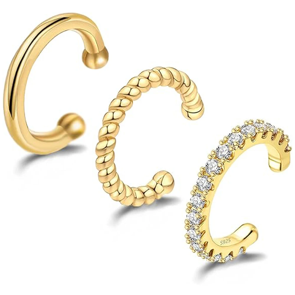 Zestaw 3 ear cuffów ze srebra 925 z cyrkonią bez przekłucia Kolor jasnożółtego złota