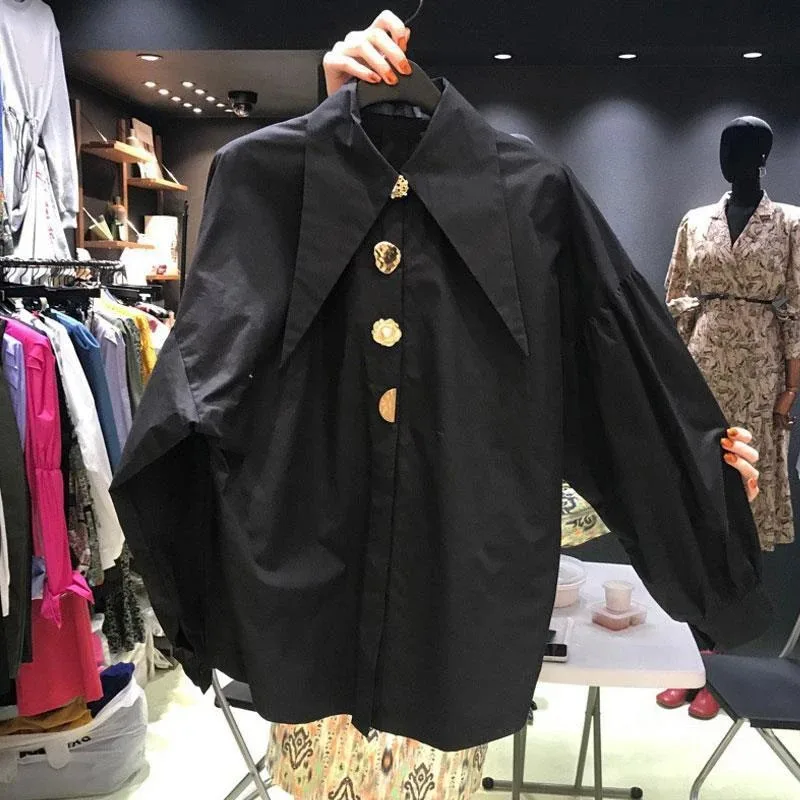 Elegancka biała bluzka z perłowym kołnierzem — koreańska moda Y2K Czarny