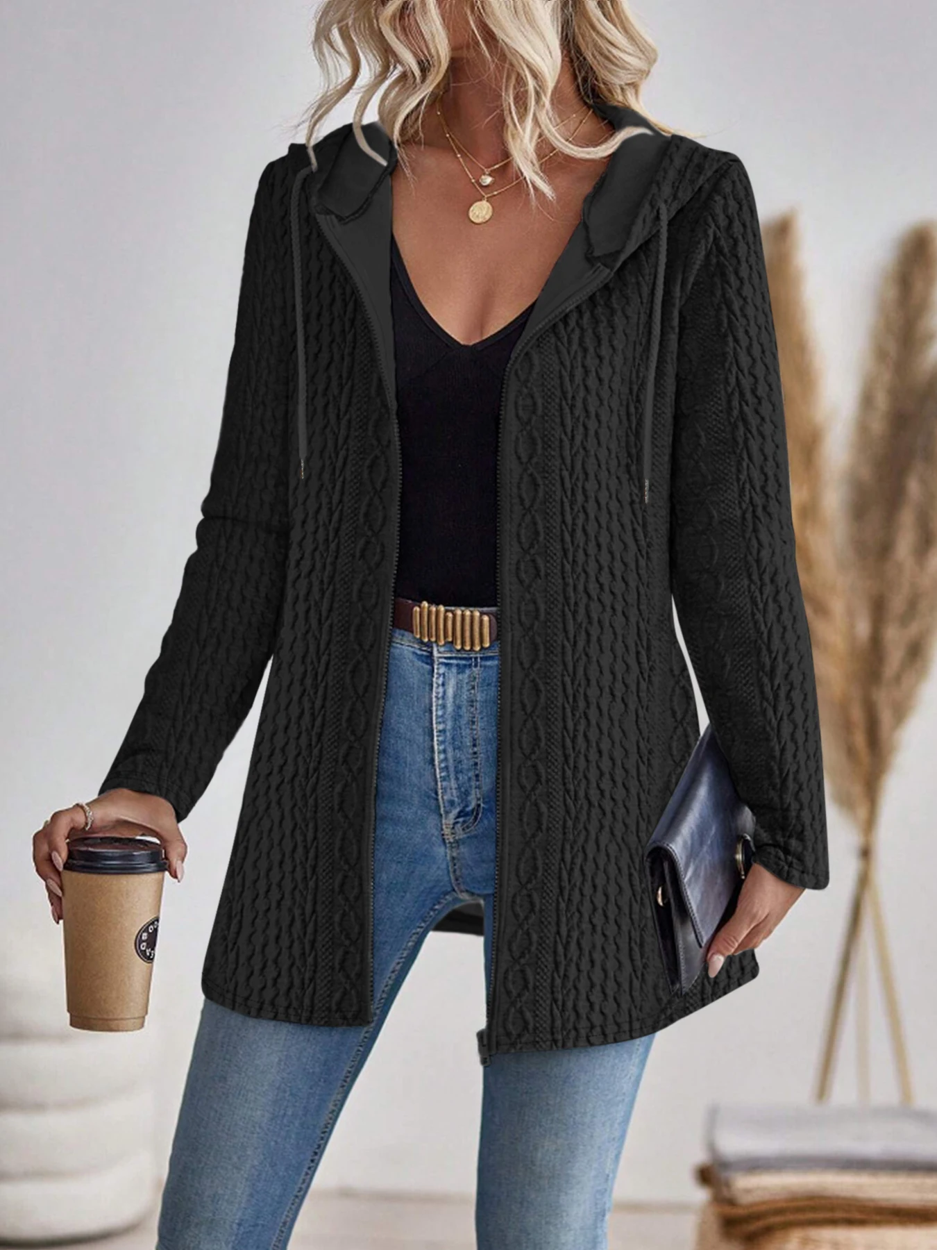 Elegancka bluza z kapturem damska z teksturowanej tkaniny Czarny