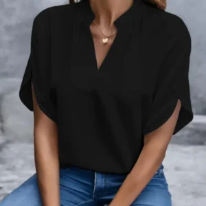 Elegancka bluzka z dekoltem w serek luźna koszula biurowa plus size Czarny