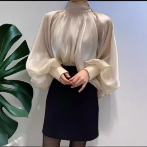 Elegancka bluzka damska z organzy z bufiastym rękawem Szampan
