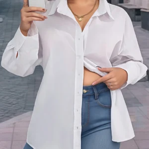 Elegancka bluzka plus size z długim rękawem i wiązaniem Szaro biały