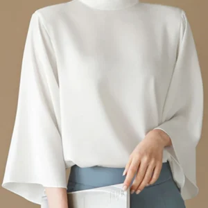 Elegancka bluzka damska ze stójką rękawy 3/4 biurowa Biały