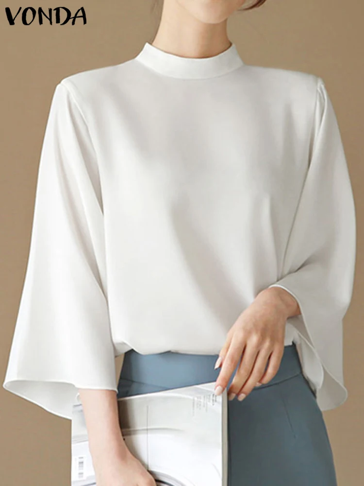 Elegancka bluzka damska ze stójką rękawy 3/4 biurowa Biały