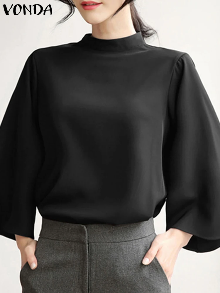 Elegancka bluzka damska ze stójką rękawy 3/4 biurowa Czarny