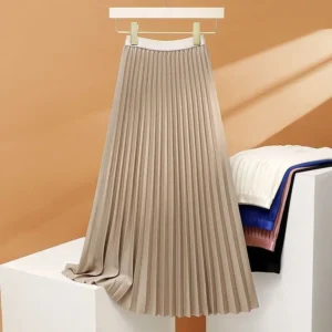 Elegancka długa plisowana spódnica z elastyczną talią Khaki
