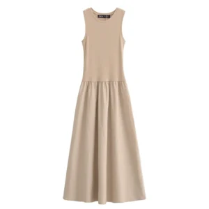 Elegancka długa sukienka bez rękawów khaki na co dzień Khaki