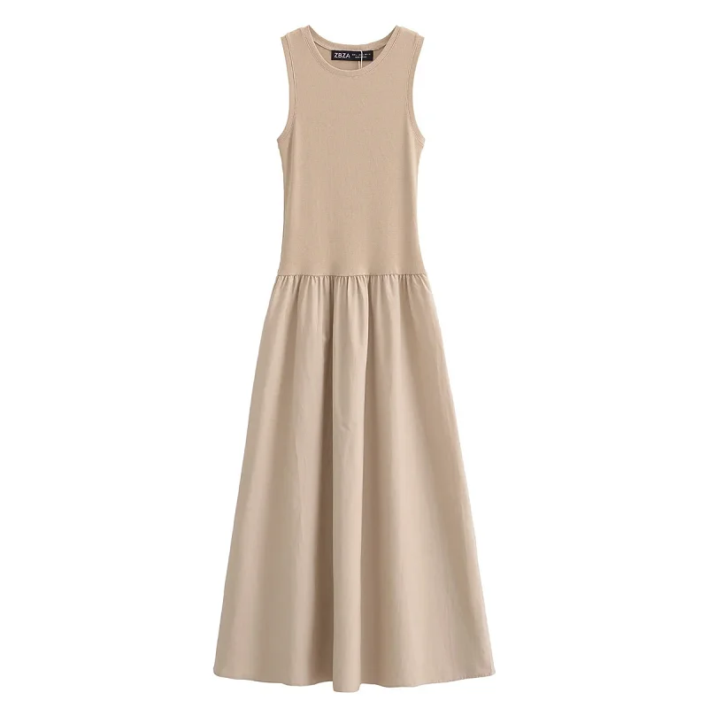 Elegancka długa sukienka bez rękawów khaki na co dzień Khaki
