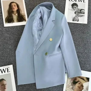 Elegancka dwurzędowa marynarka damska w stylu koreańskim Błękitny