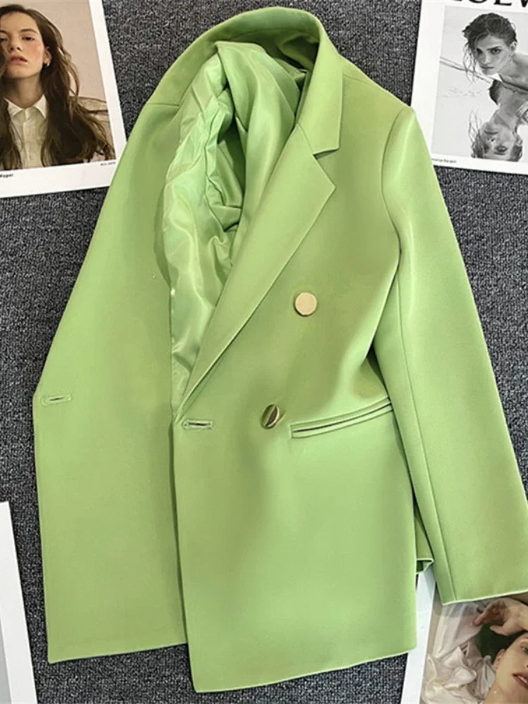 Elegancka dwurzędowa marynarka damska w stylu koreańskim Zielony