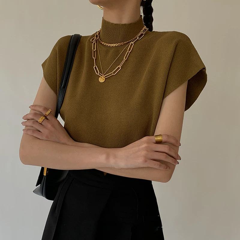 Elegancka dzianinowa bluzka vintage z krótkim rękawem Beżowy