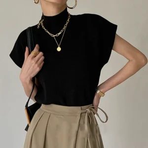 Elegancka dzianinowa bluzka vintage z krótkim rękawem Czarny