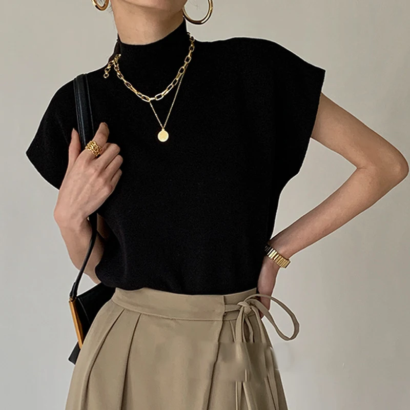Elegancka dzianinowa bluzka vintage z krótkim rękawem Czarny