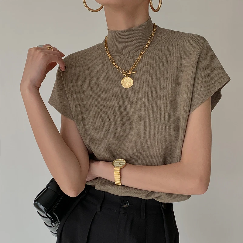Elegancka dzianinowa bluzka vintage z krótkim rękawem Zielony