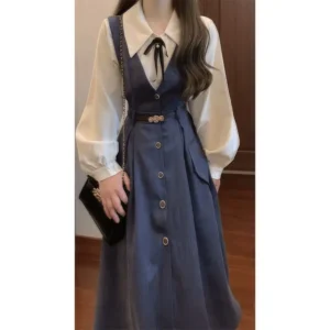 Elegancka koszula damska z długim rękawem w stylu retro Niebieski