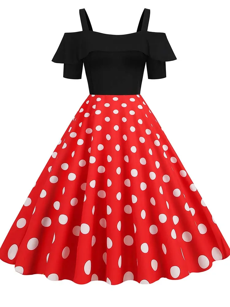 Elegancka letnia sukienka z odkrytymi ramionami w stylu vintage Czerwony