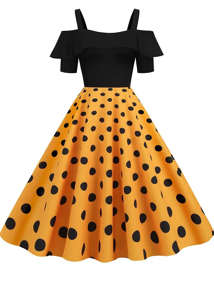 Elegancka letnia sukienka z odkrytymi ramionami w stylu vintage Żółty