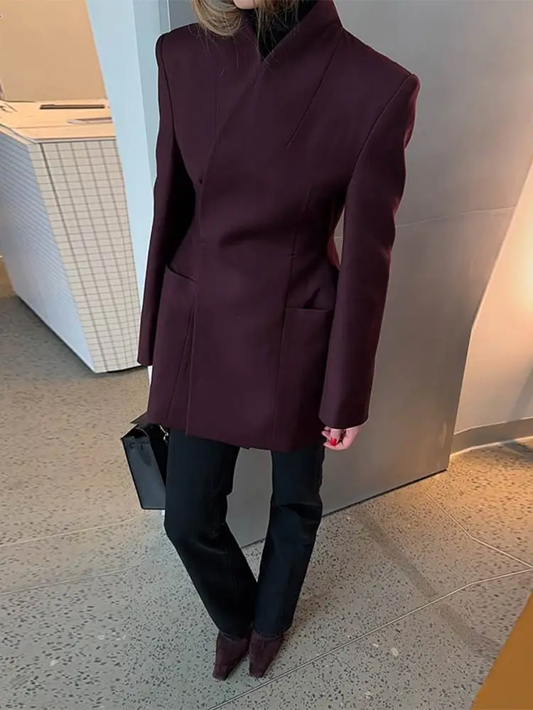 Elegancka marynarka z wiązaniem w pasie do biura Czerwony