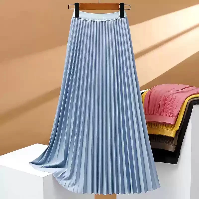 Elegancka plisowana spódnica midi z wysokim stanem Jasny niebieski