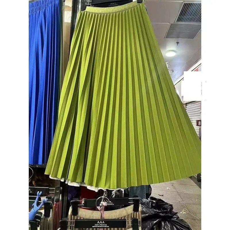 Elegancka plisowana spódnica midi z wysokim stanem Khaki