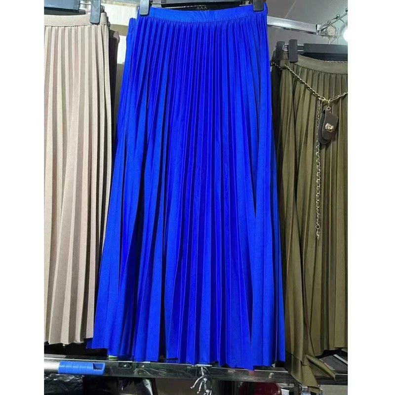 Elegancka plisowana spódnica midi z wysokim stanem Niebieski