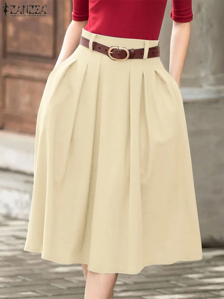 Elegancka spódnica midi z wysoką talią w kroju A Beżowy