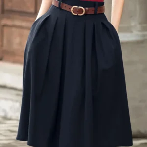 Elegancka spódnica midi z wysoką talią w kroju A Granatowy