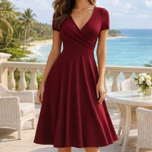 Elegancka sukienka letnia A-line do kolan z wysoką talią Burgundia